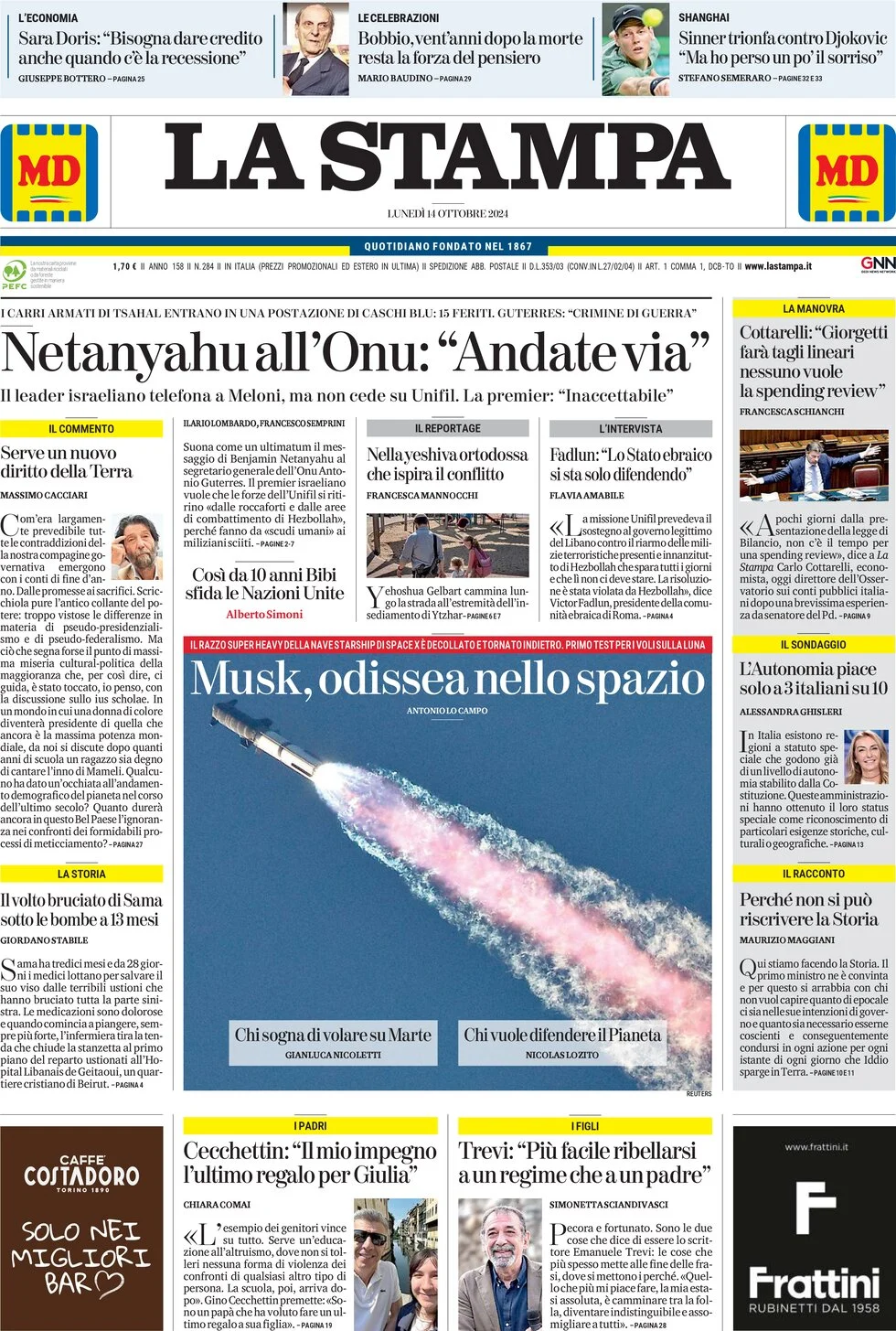 anteprima della prima pagina di la-stampa del 14/10/2024