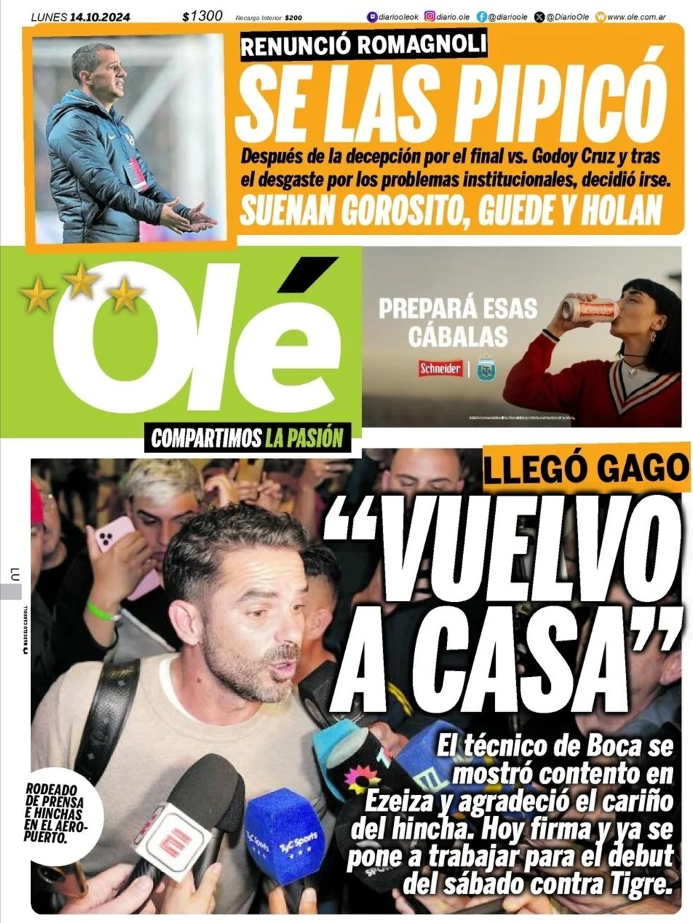anteprima della prima pagina di ol del 14/10/2024