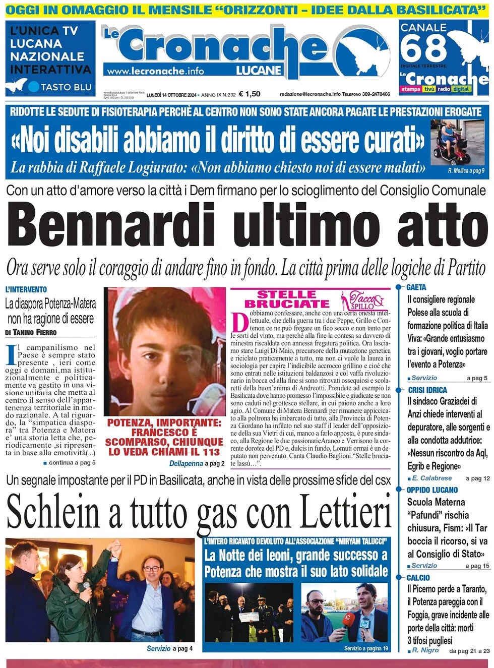 anteprima della prima pagina di le-cronache-lucane del 14/10/2024