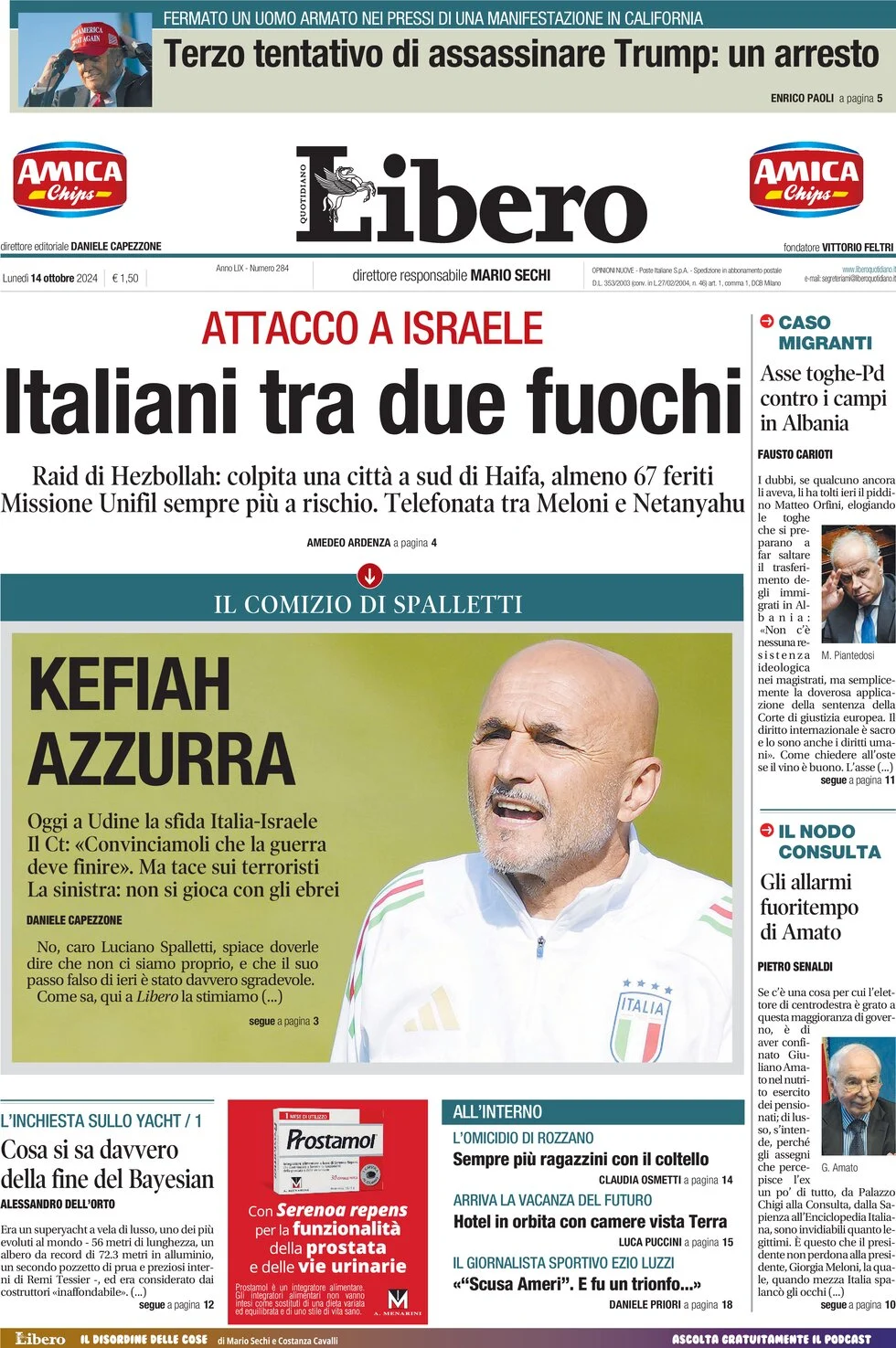 anteprima della prima pagina di libero-quotidiano del 14/10/2024