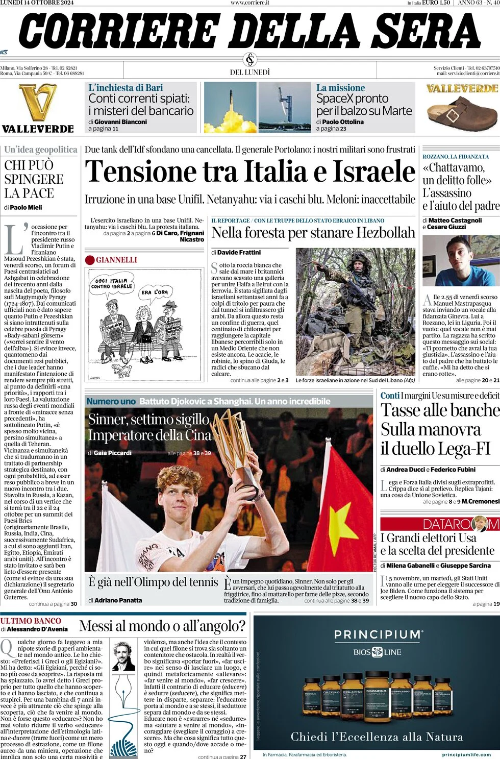 anteprima della prima pagina di corriere-della-sera del 14/10/2024