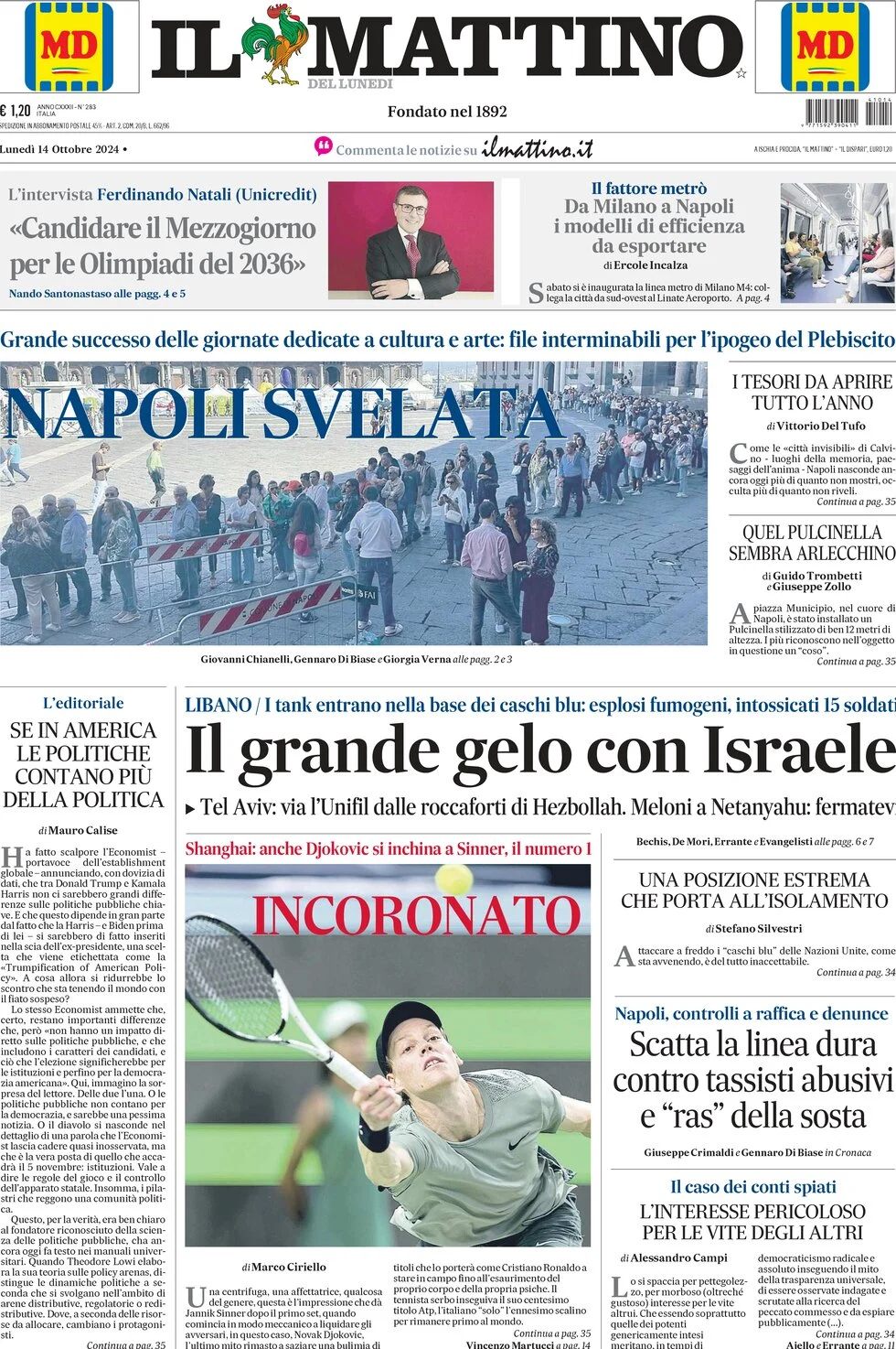 anteprima della prima pagina di il-mattino del 14/10/2024