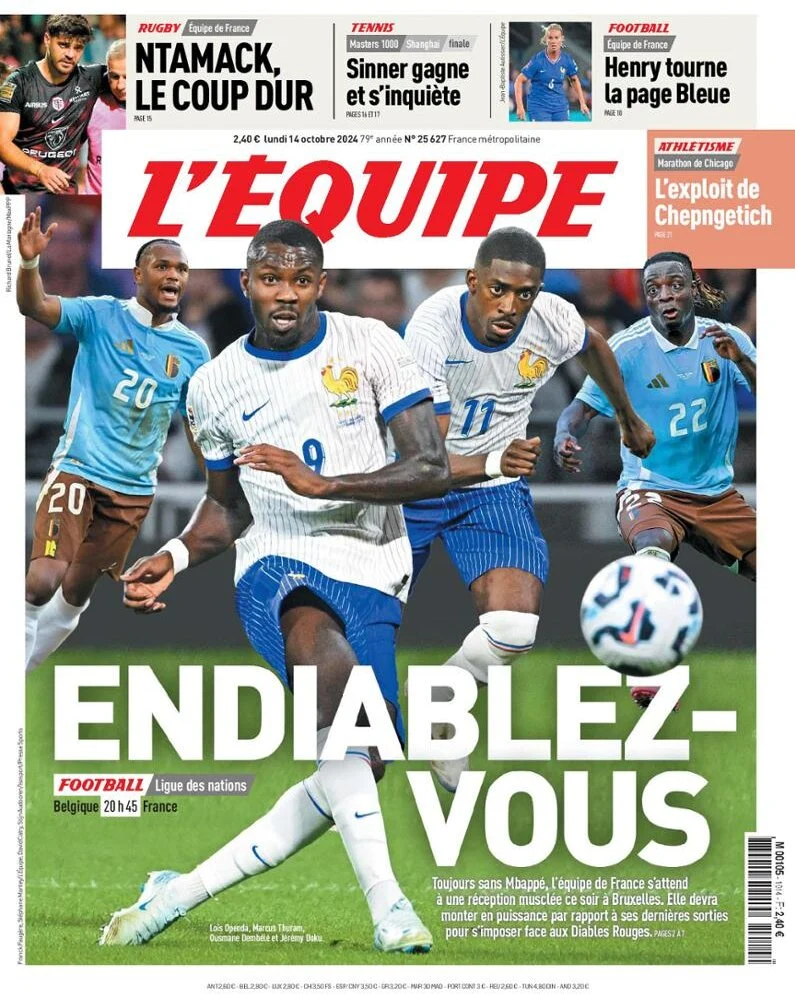 anteprima della prima pagina di lequipe del 14/10/2024