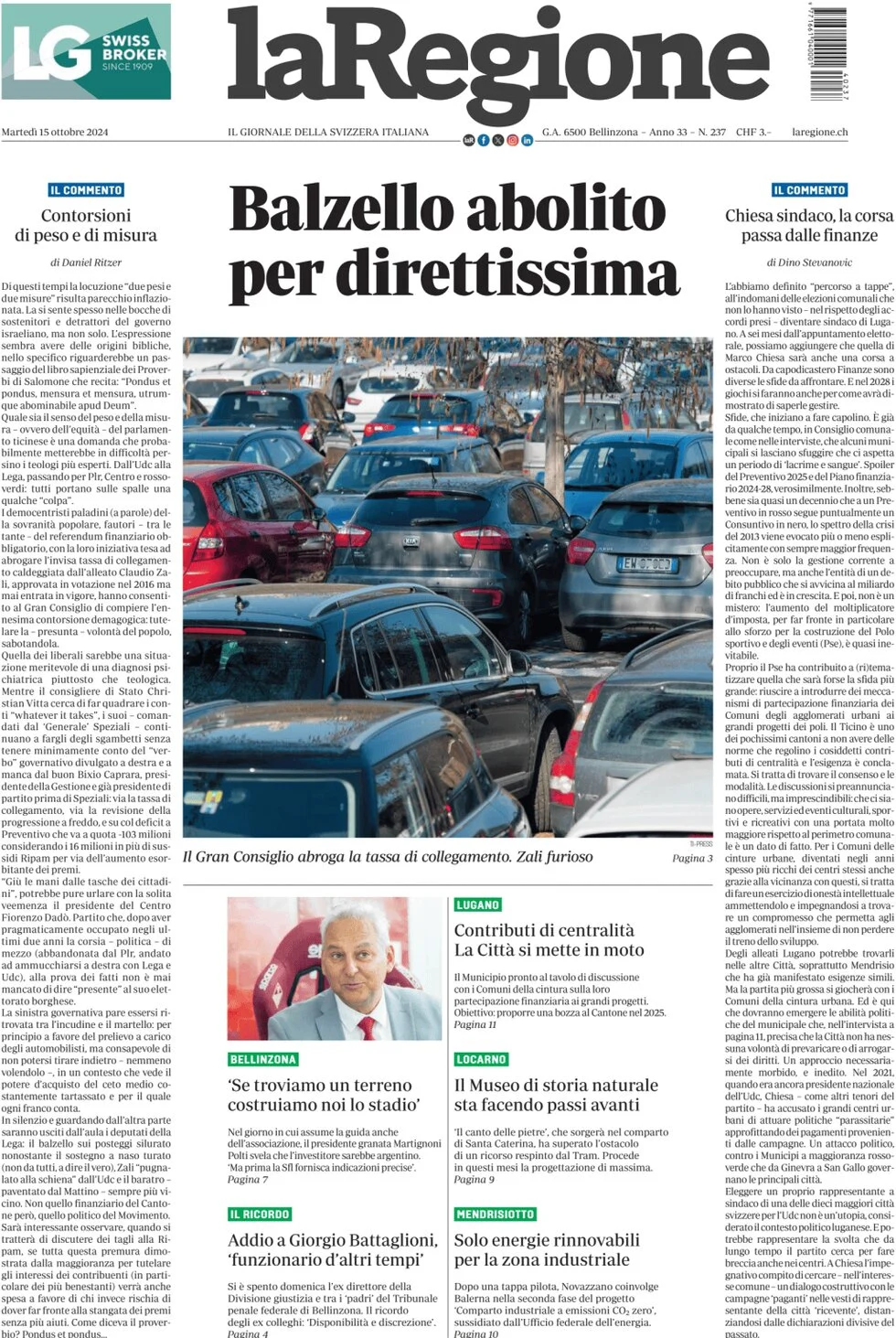 anteprima della prima pagina di la-regione del 15/10/2024