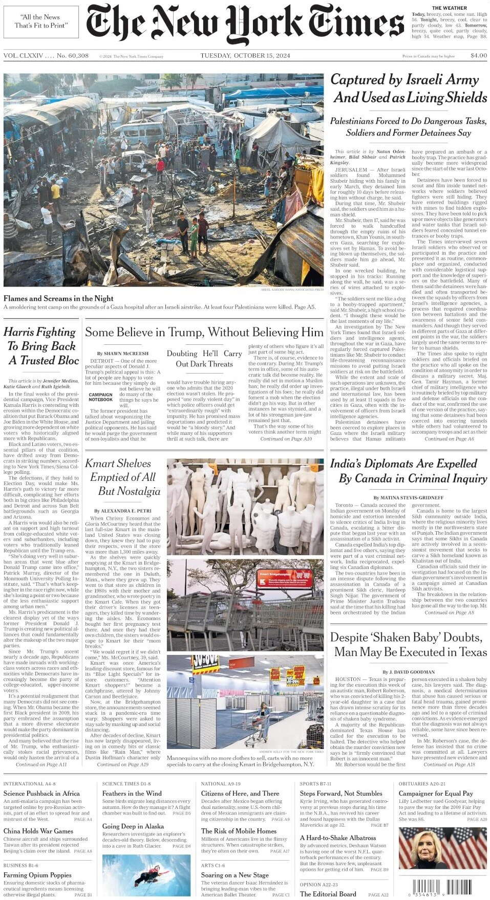anteprima della prima pagina di the-new-york-times del 15/10/2024