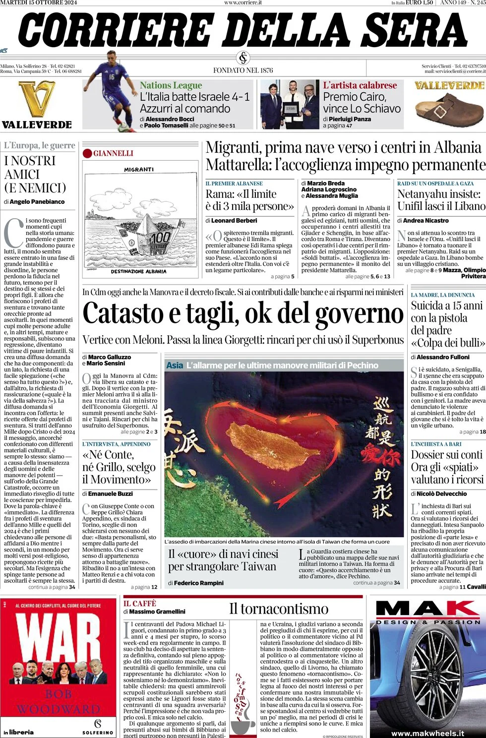 anteprima della prima pagina di corriere-della-sera del 15/10/2024