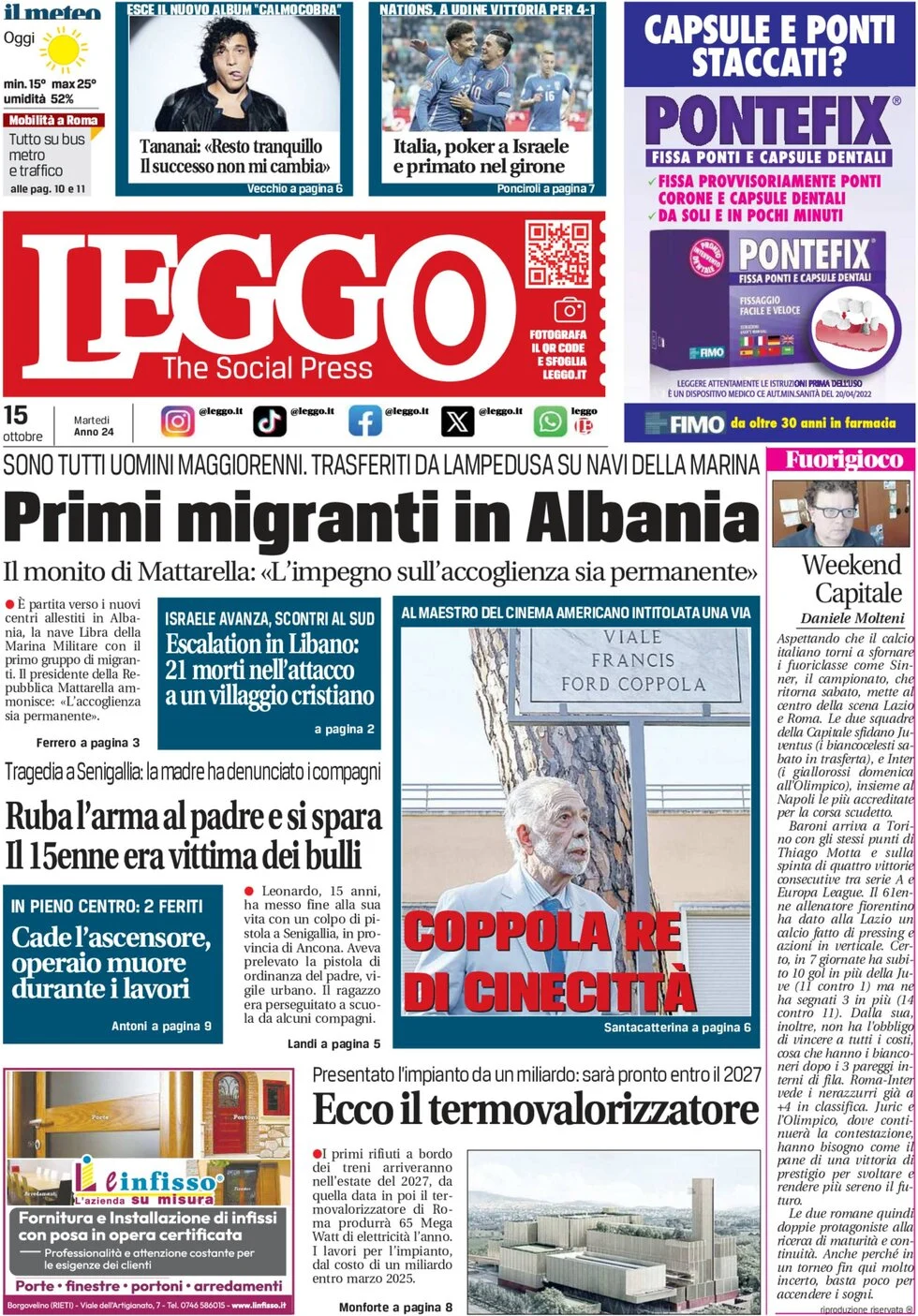 anteprima della prima pagina di leggo-roma del 15/10/2024