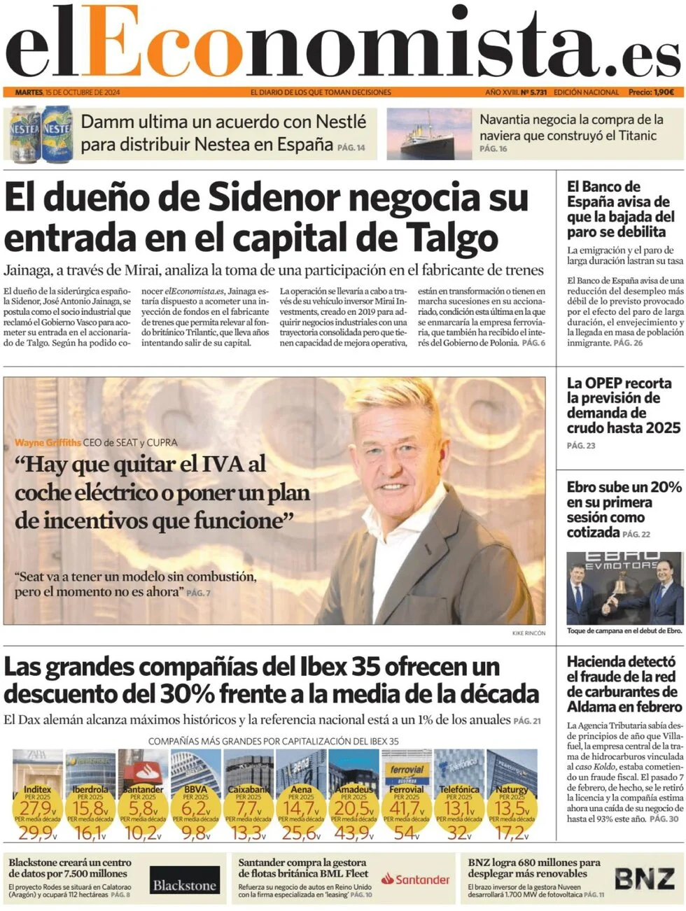 anteprima della prima pagina di el-economista del 15/10/2024