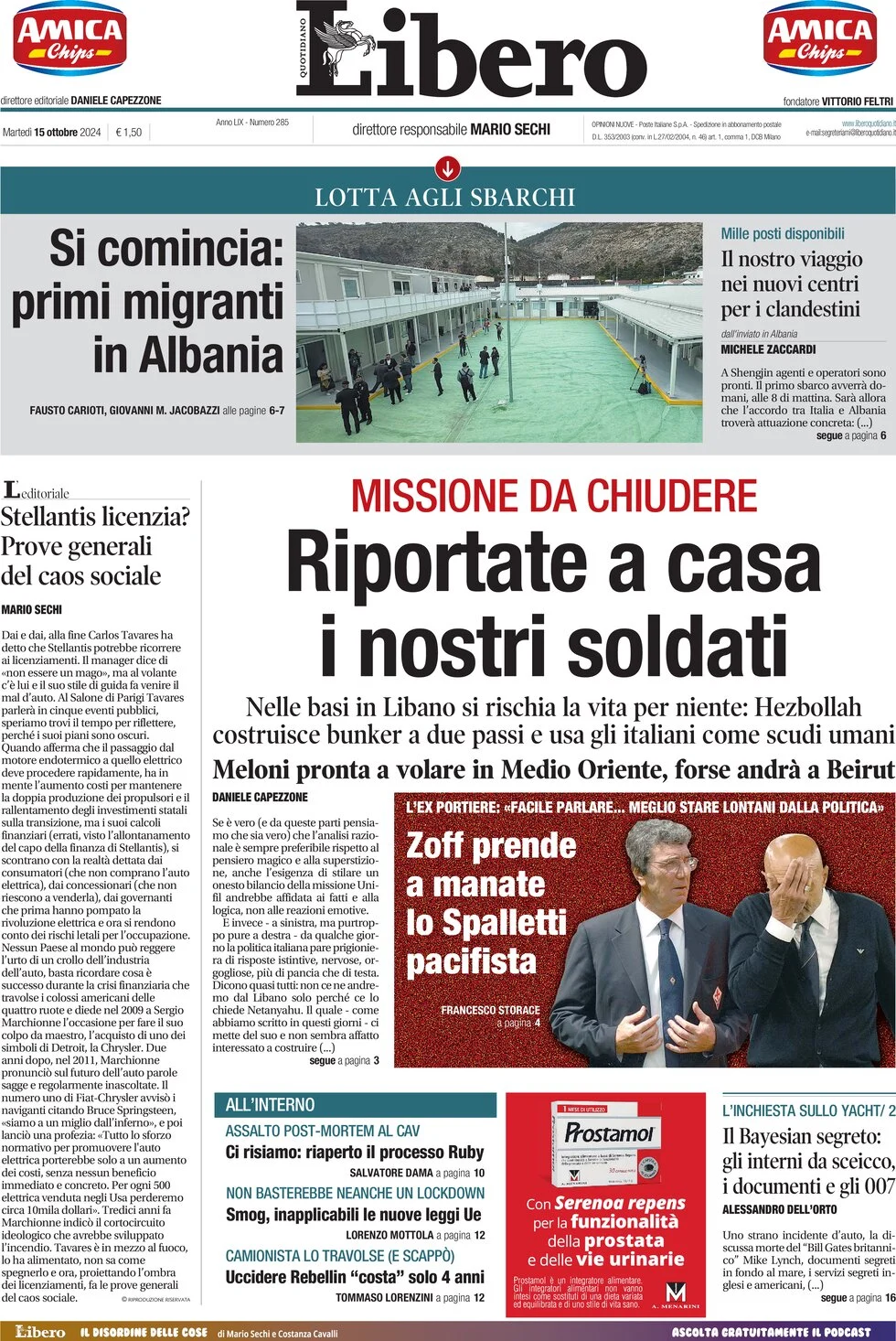 anteprima della prima pagina di libero-quotidiano del 15/10/2024