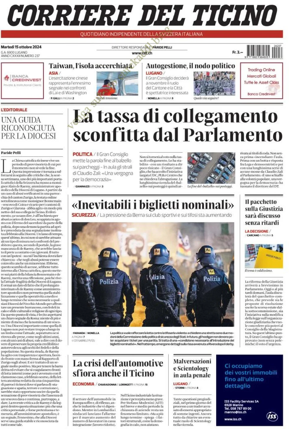 anteprima della prima pagina di corriere-del-ticino del 15/10/2024