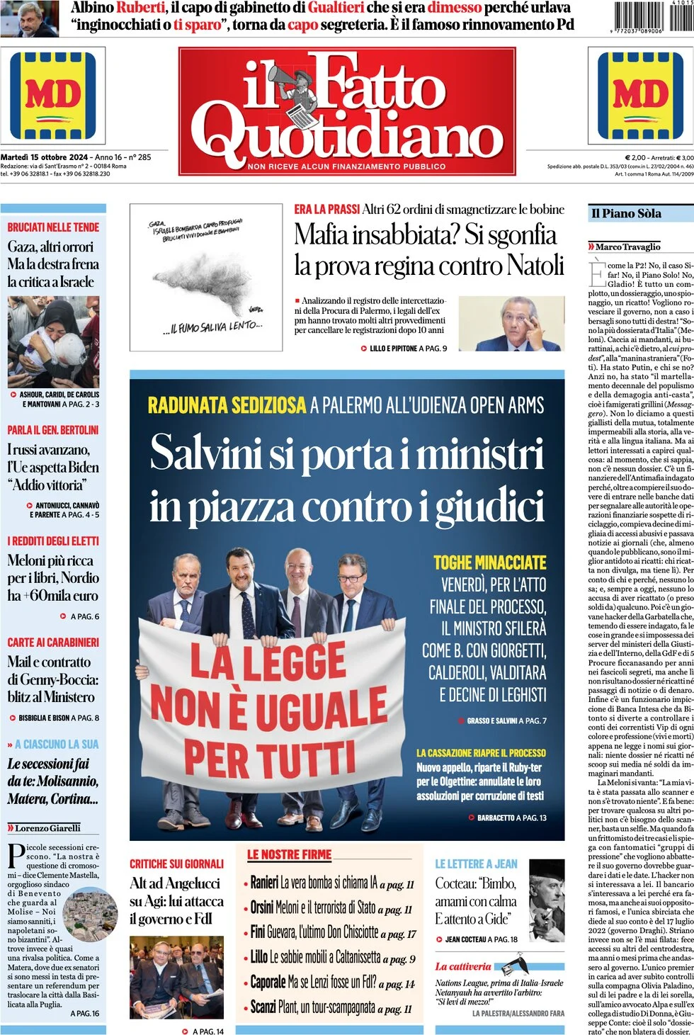 anteprima della prima pagina di il-fatto-quotidiano del 15/10/2024