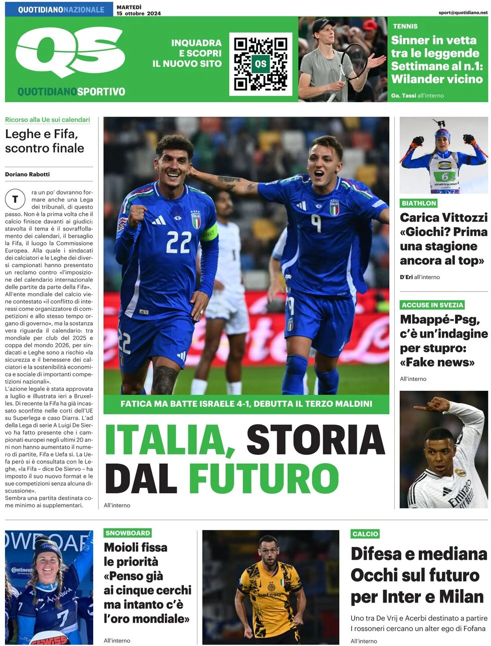 anteprima della prima pagina di qs-quotidiano-sportivo del 15/10/2024