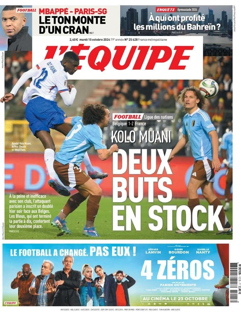 anteprima della prima pagina di lequipe del 15/10/2024