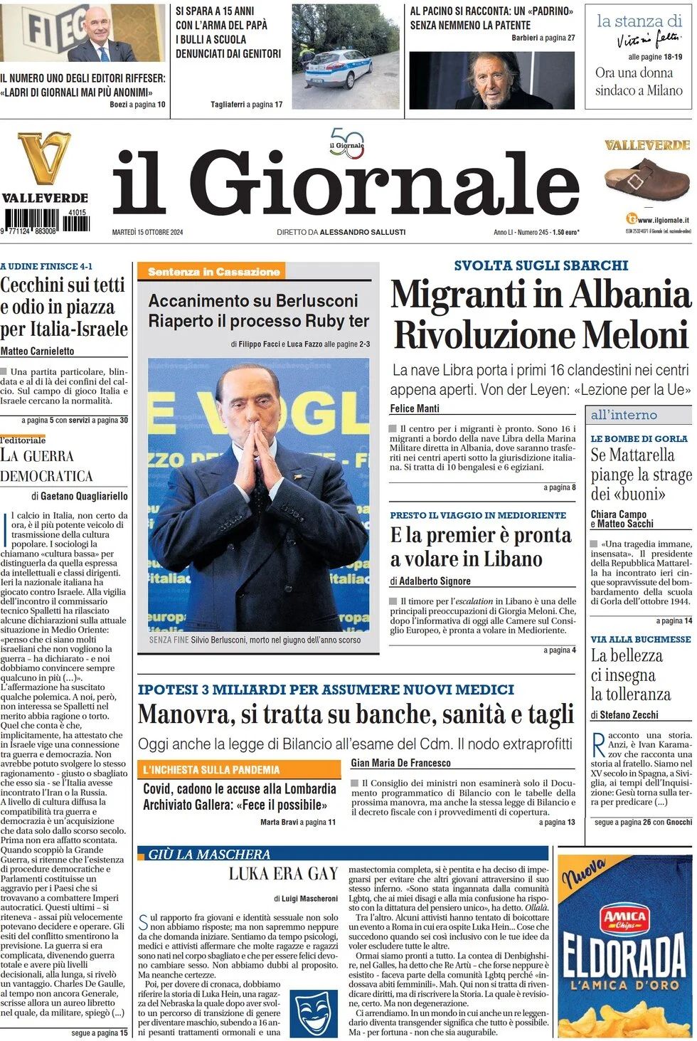 anteprima della prima pagina di il-giornale del 15/10/2024