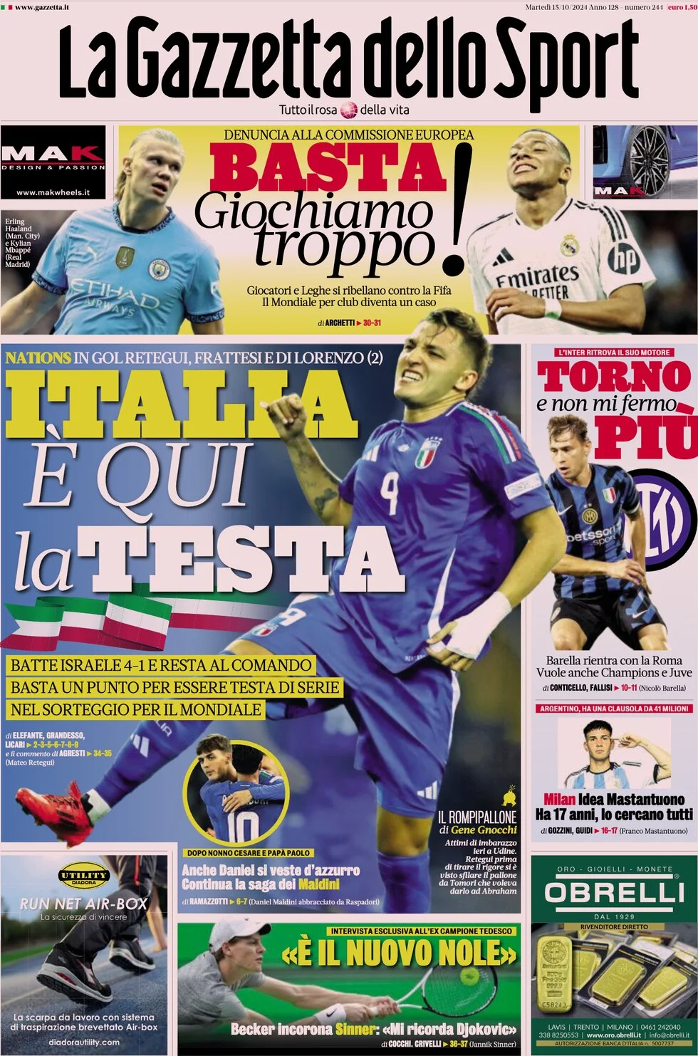 anteprima della prima pagina di la-gazzetta-dello-sport del 15/10/2024