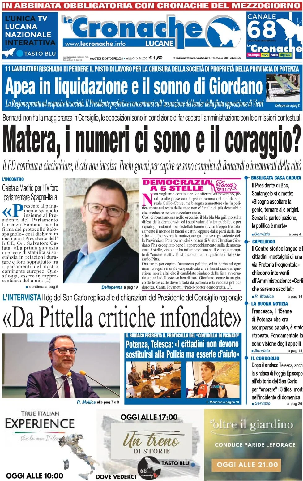 anteprima della prima pagina di le-cronache-lucane del 15/10/2024