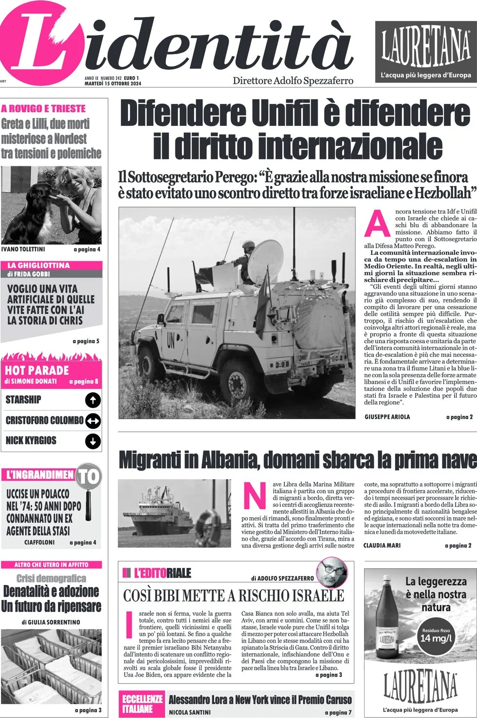 anteprima della prima pagina di lidentit del 15/10/2024
