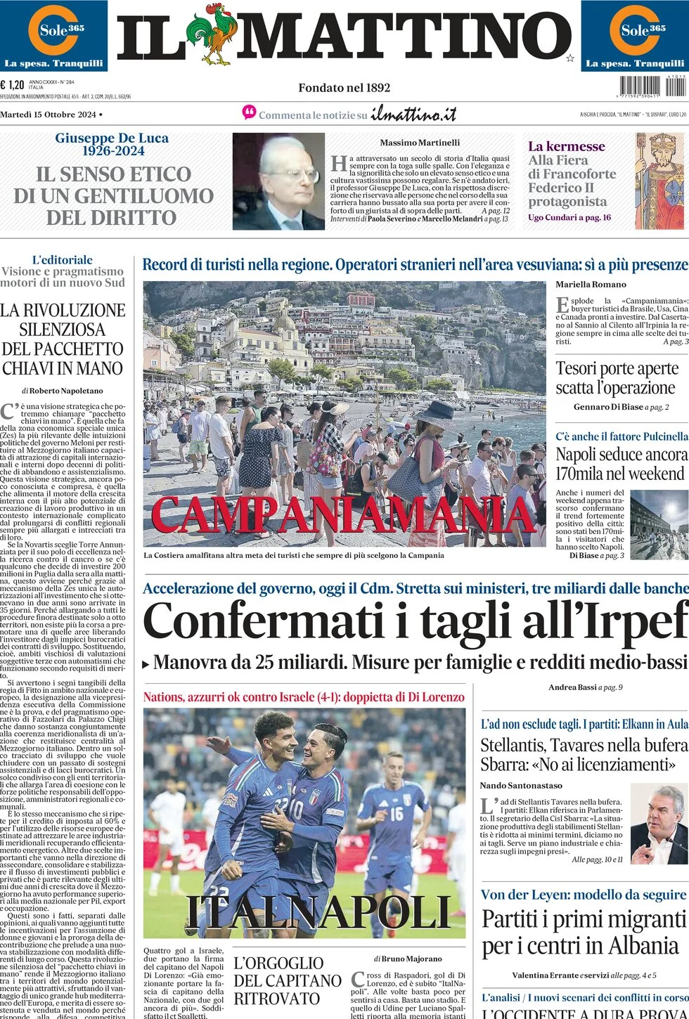 anteprima della prima pagina di il-mattino del 15/10/2024