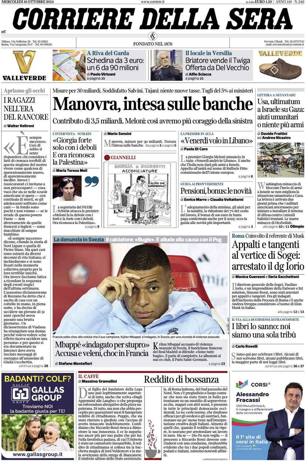 anteprima della prima pagina di corriere-della-sera del 16/10/2024