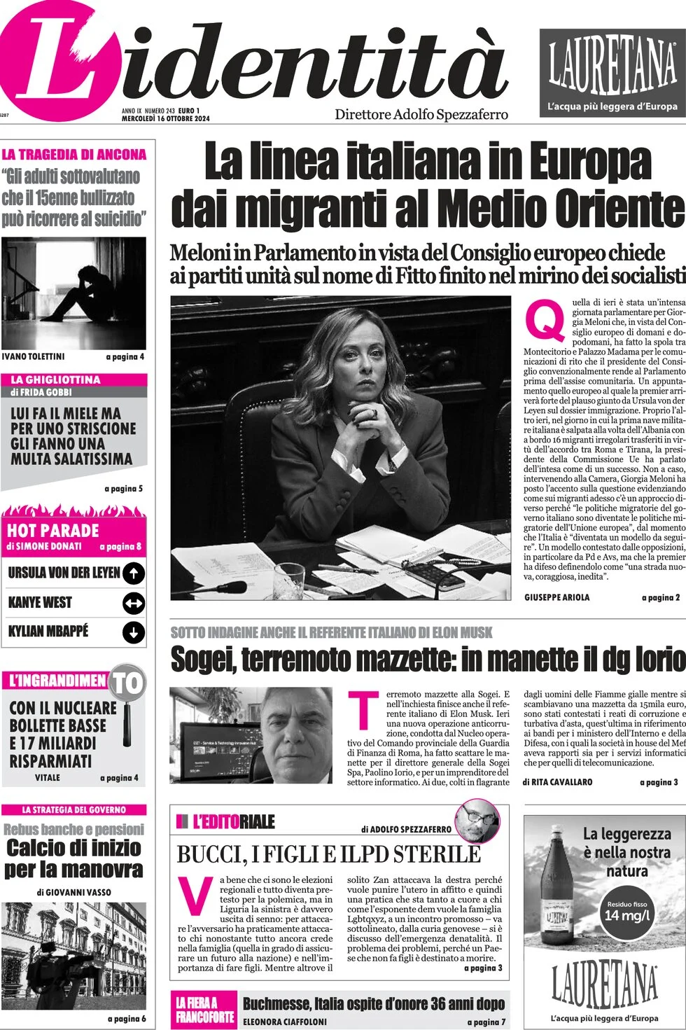anteprima della prima pagina di lidentit del 16/10/2024