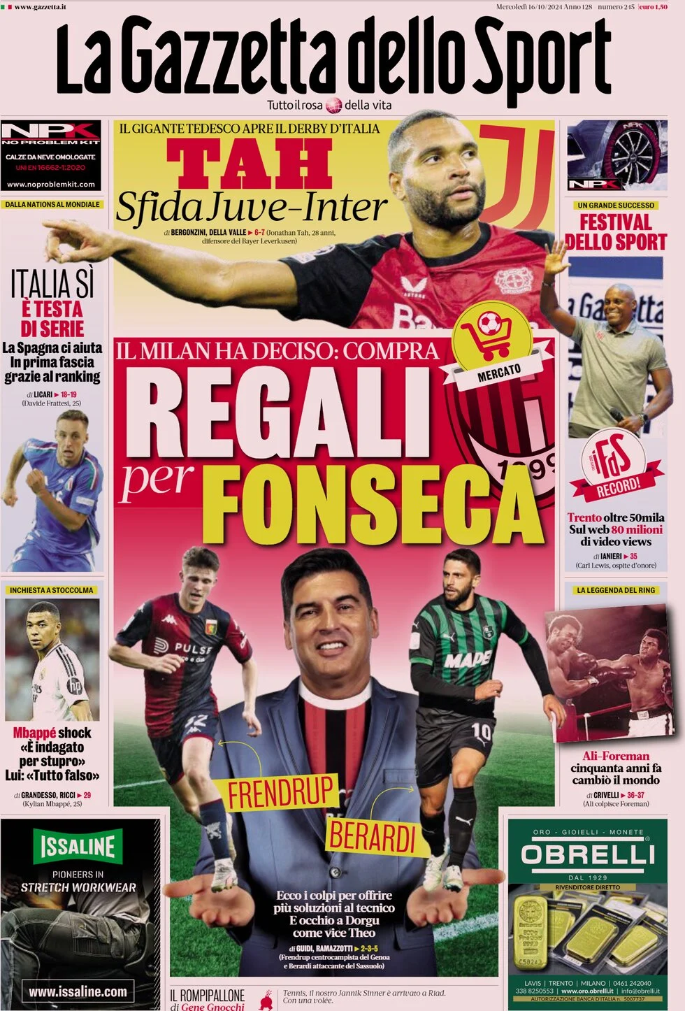 anteprima della prima pagina di la-gazzetta-dello-sport del 16/10/2024