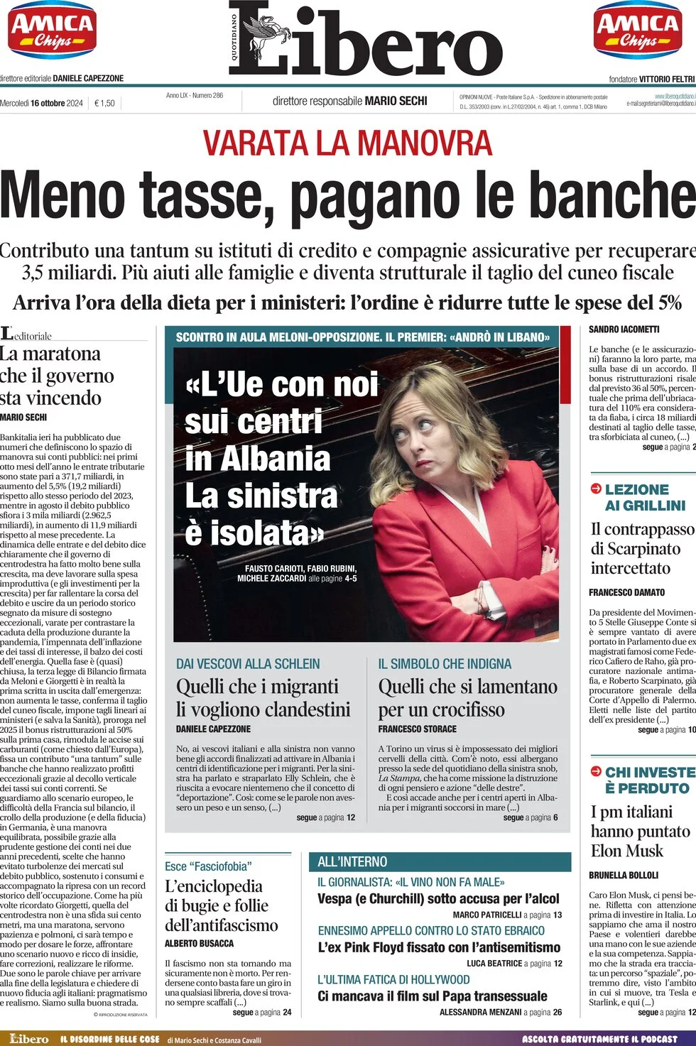 anteprima della prima pagina di libero-quotidiano del 16/10/2024