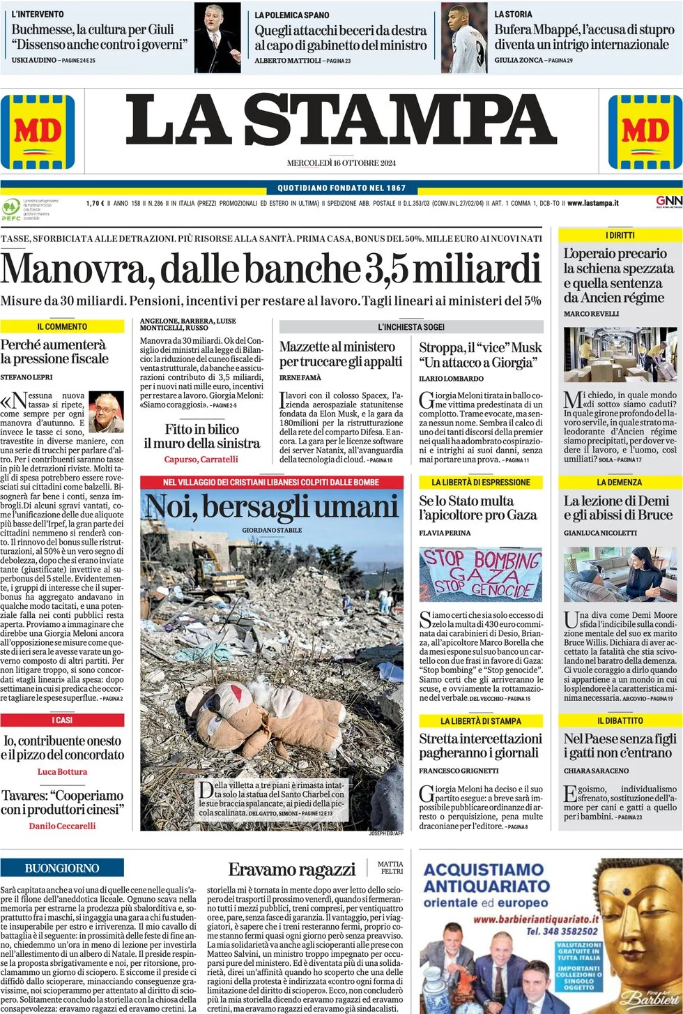 anteprima della prima pagina di la-stampa del 16/10/2024