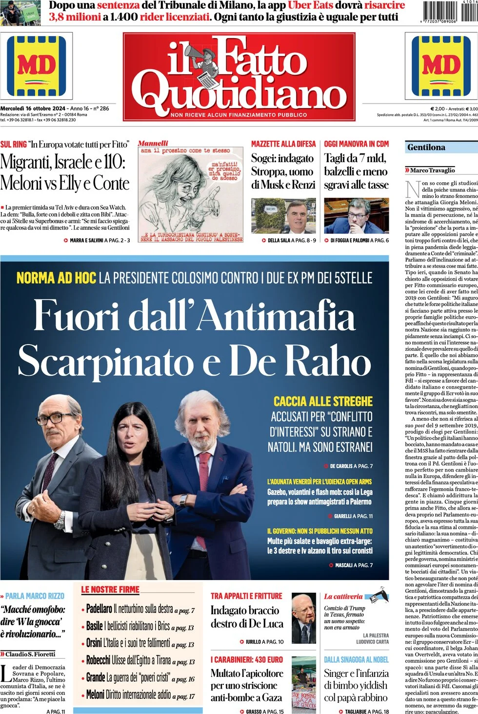 anteprima della prima pagina di il-fatto-quotidiano del 16/10/2024