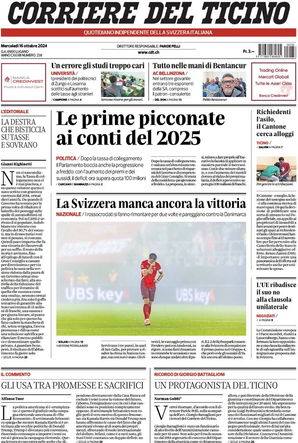 anteprima della prima pagina di corriere-del-ticino del 16/10/2024