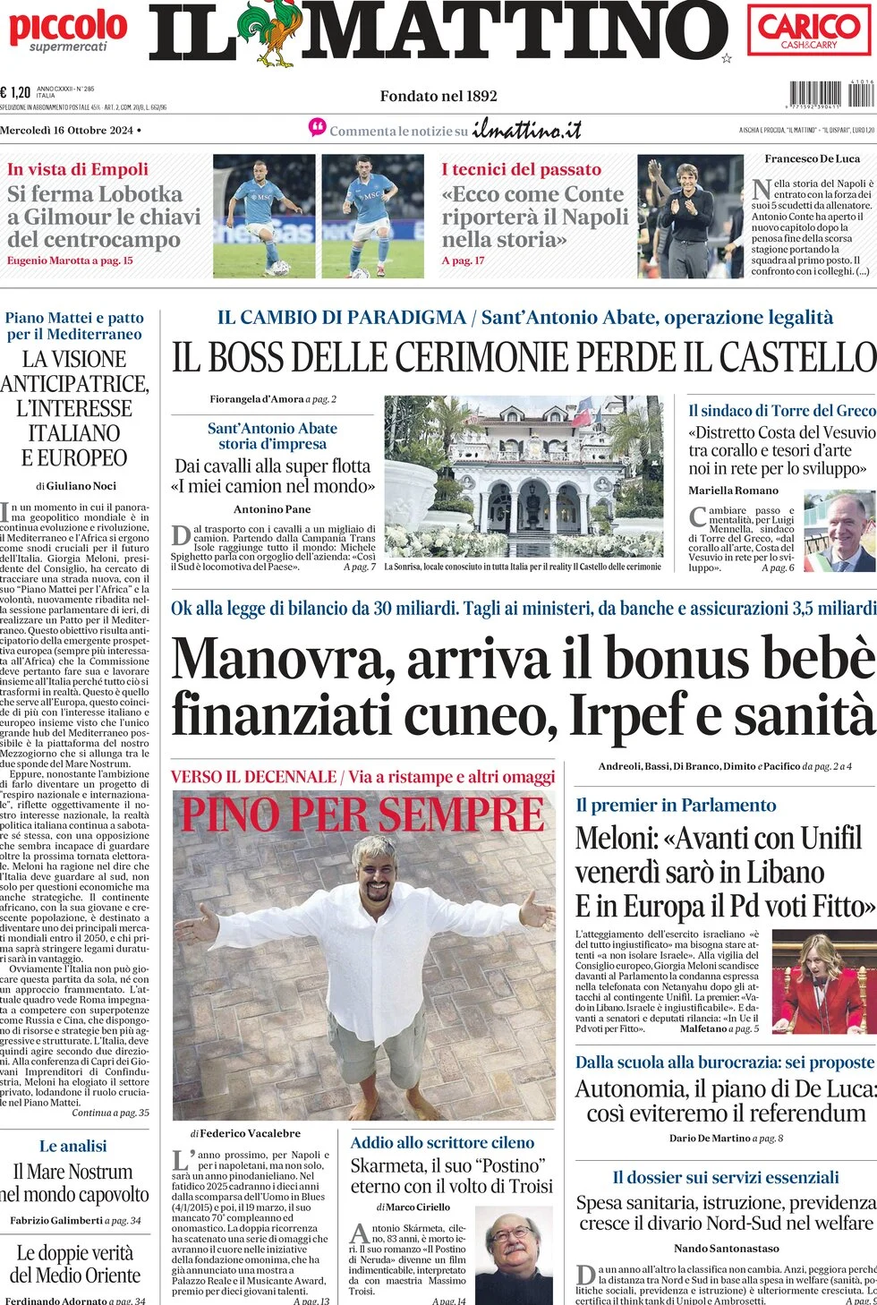 anteprima della prima pagina di il-mattino del 16/10/2024