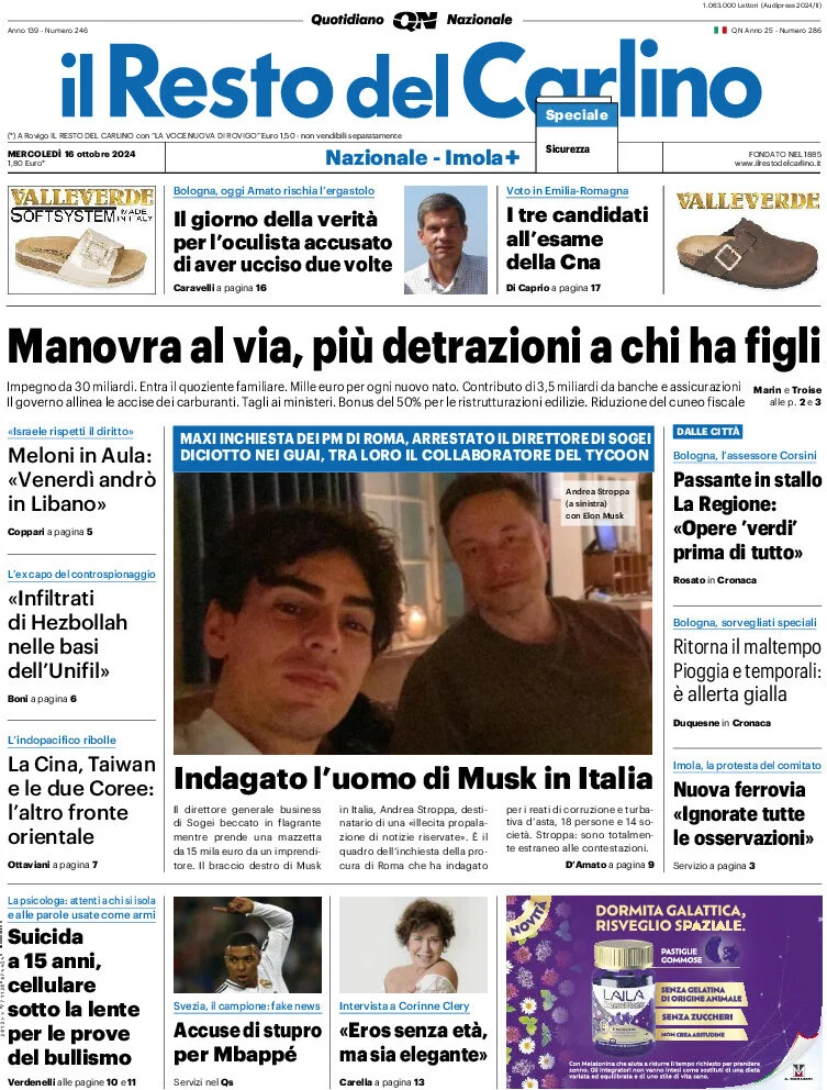 anteprima della prima pagina di il-resto-del-carlino del 16/10/2024