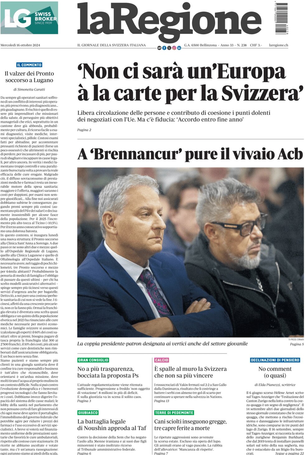 anteprima della prima pagina di la-regione del 16/10/2024