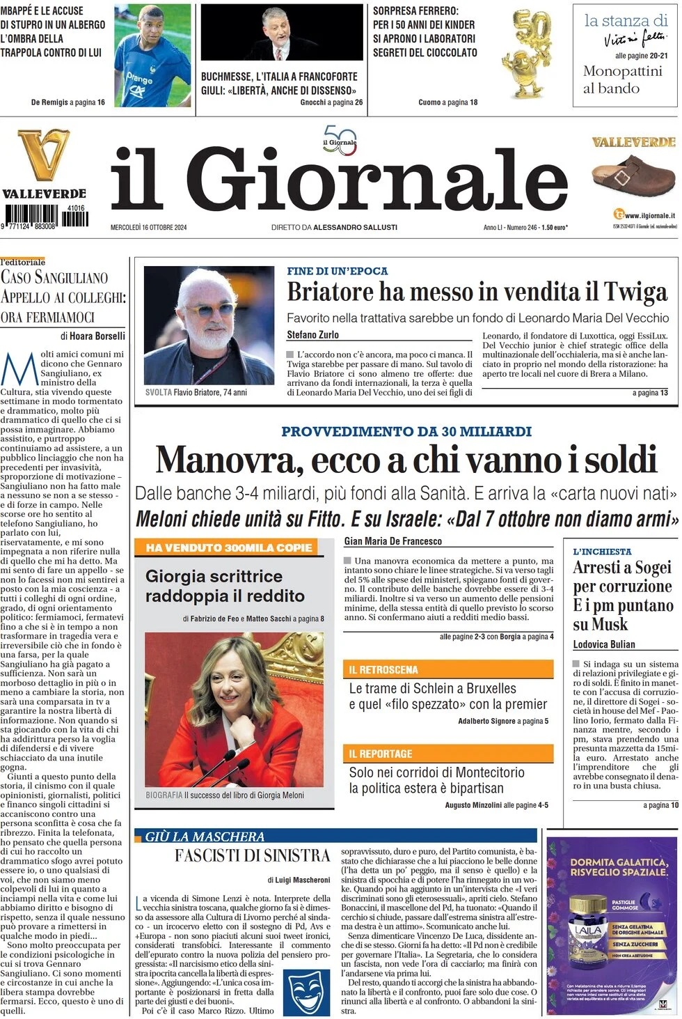 anteprima della prima pagina di il-giornale del 16/10/2024