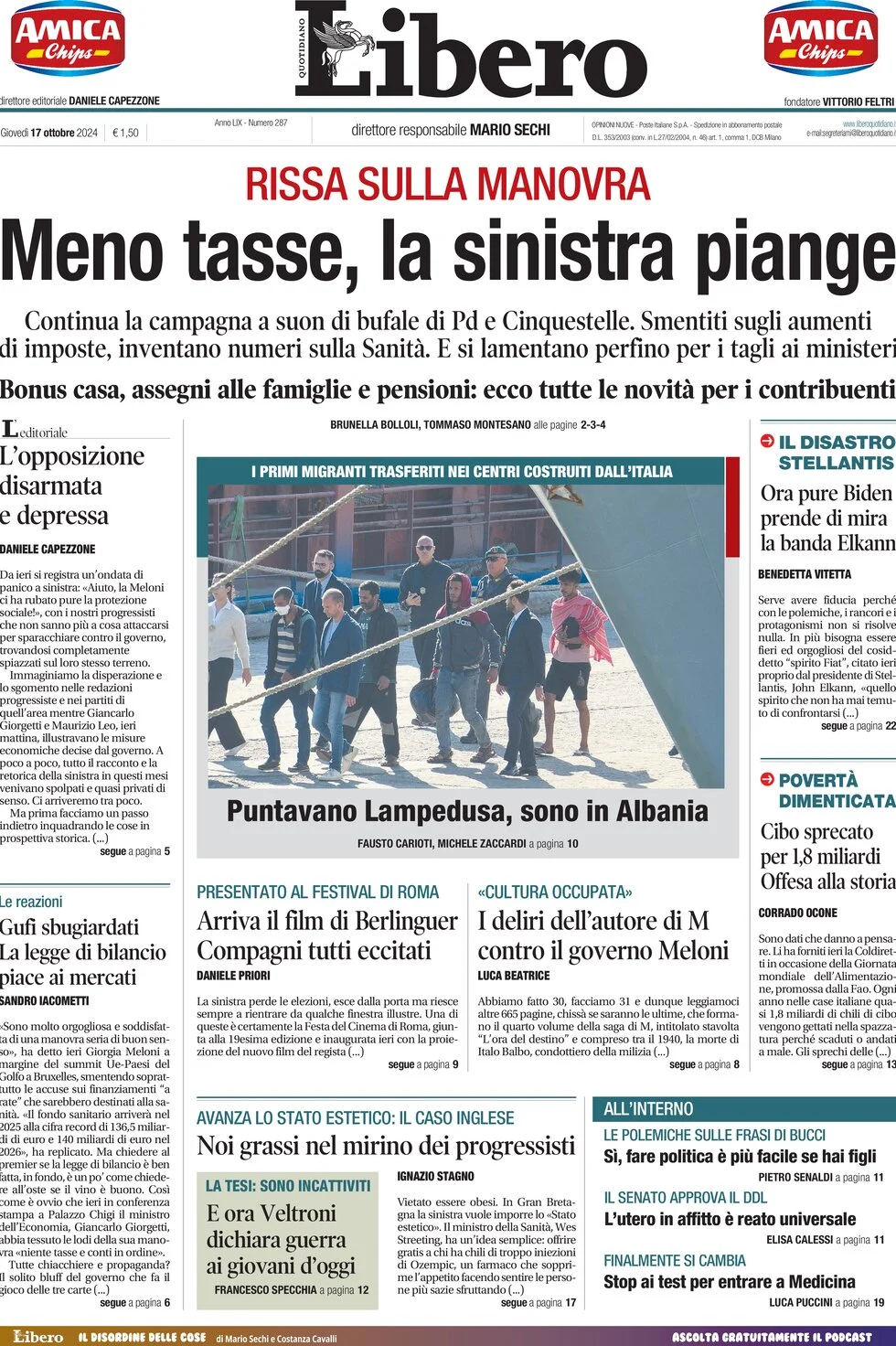 anteprima della prima pagina di libero-quotidiano del 17/10/2024