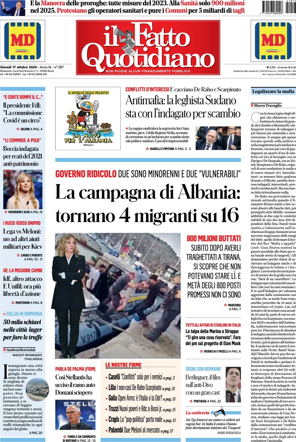 anteprima della prima pagina di il-fatto-quotidiano del 17/10/2024