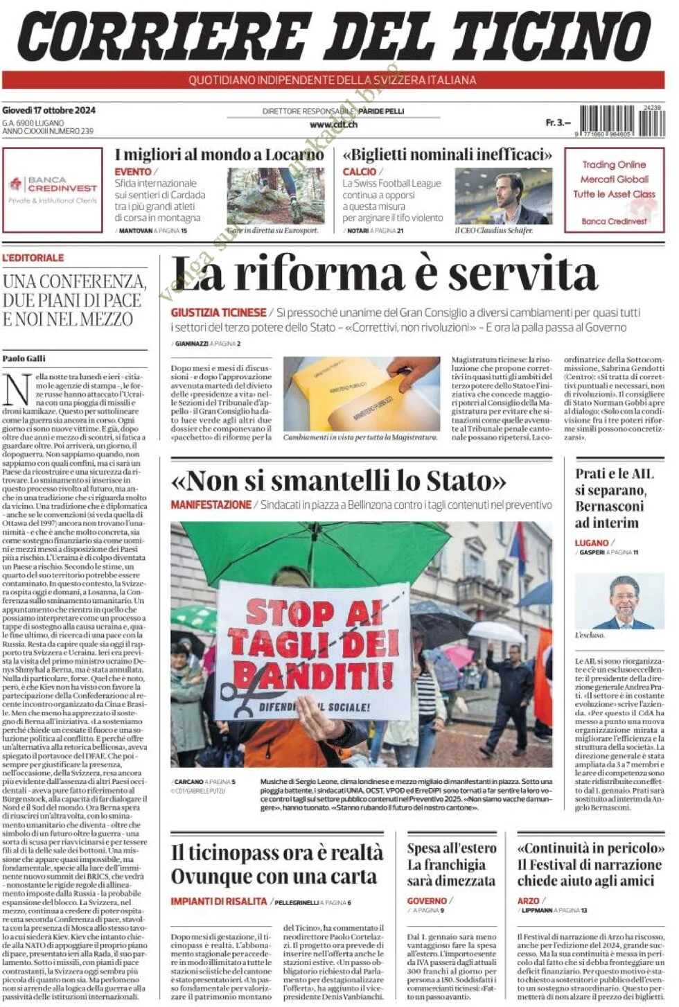 anteprima della prima pagina di corriere-del-ticino del 17/10/2024