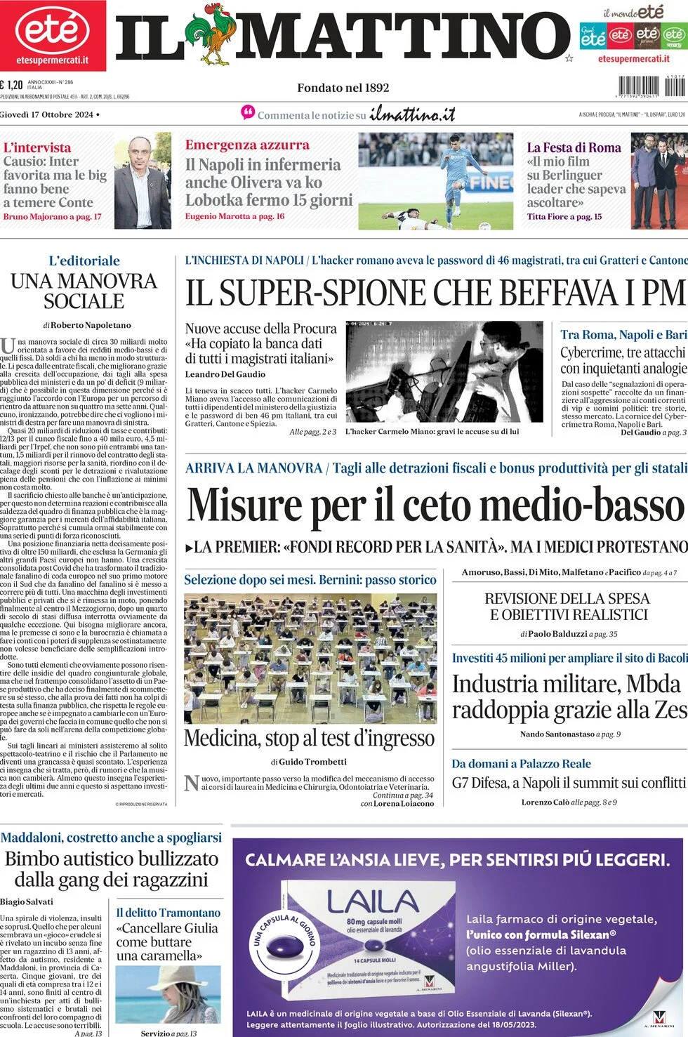 anteprima della prima pagina di il-mattino del 17/10/2024