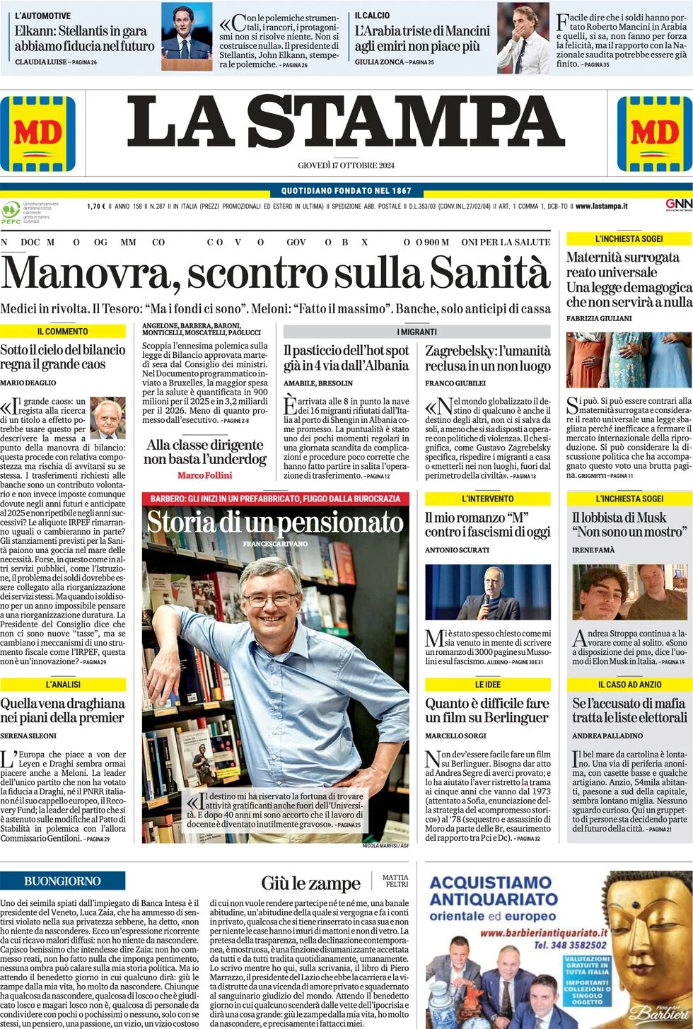 anteprima della prima pagina di la-stampa del 17/10/2024