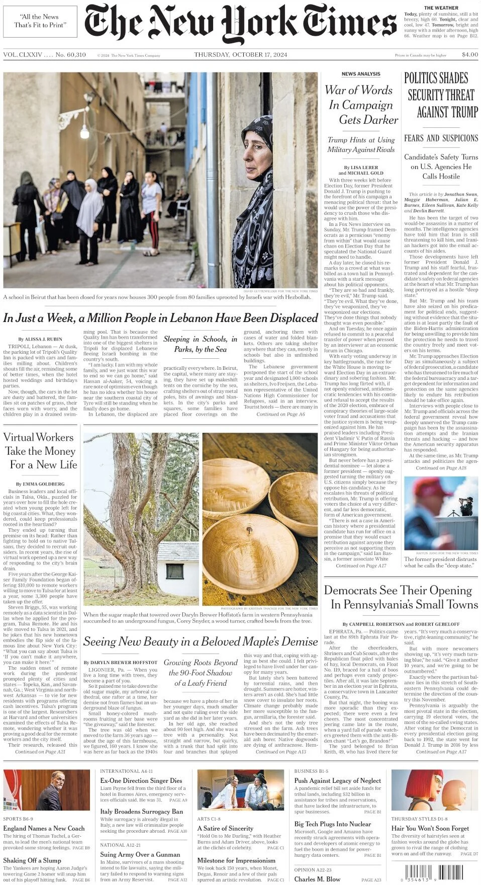 anteprima della prima pagina di the-new-york-times del 17/10/2024
