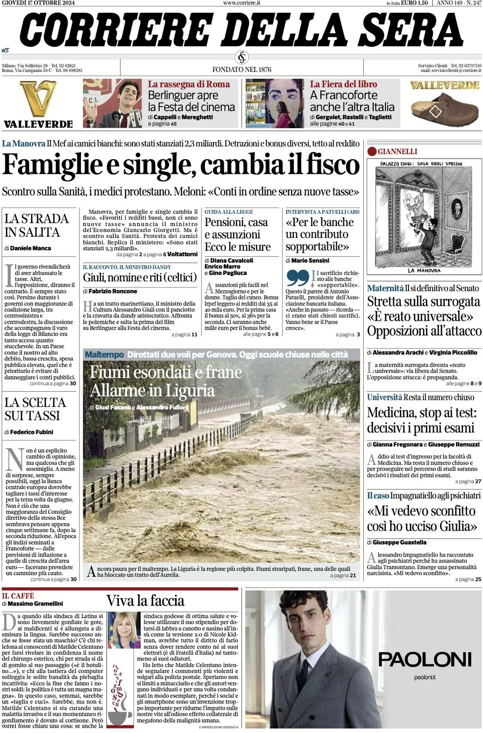 anteprima della prima pagina di corriere-della-sera del 17/10/2024