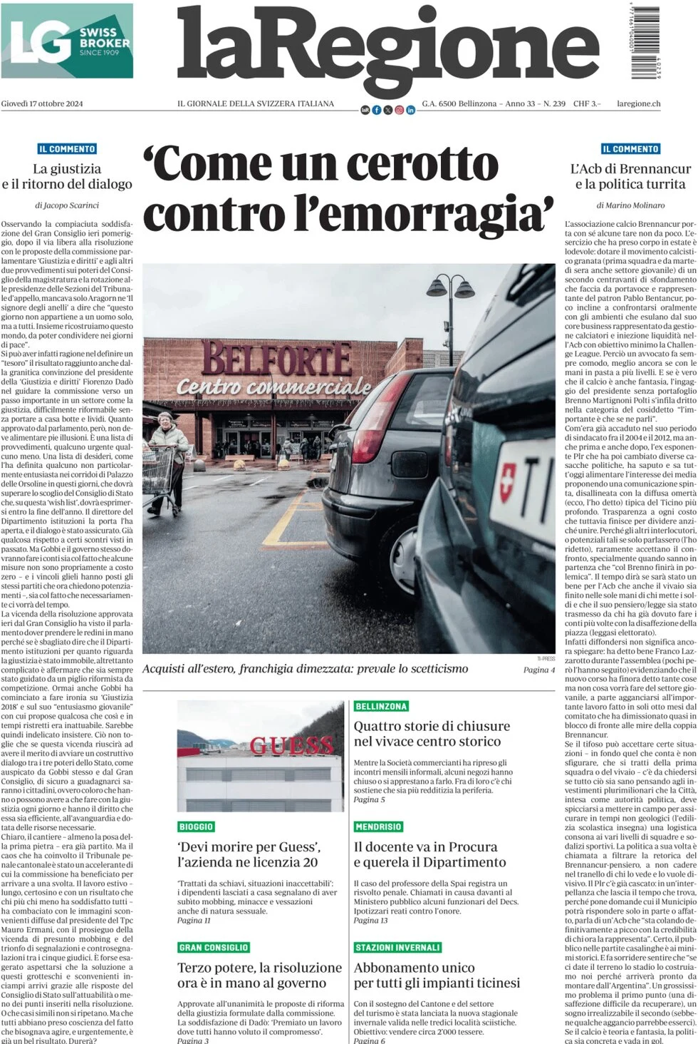 anteprima della prima pagina di la-regione del 17/10/2024