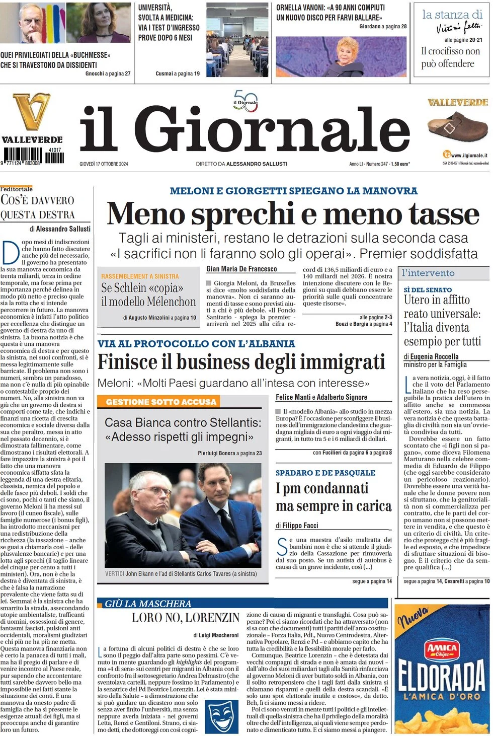 anteprima della prima pagina di il-giornale del 17/10/2024