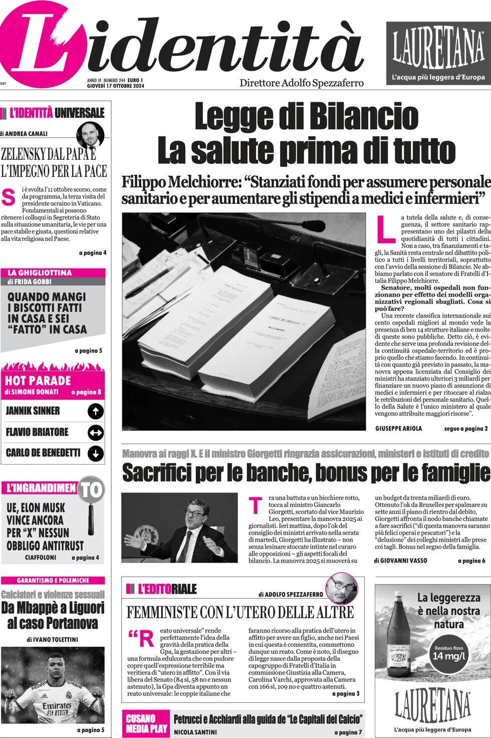 anteprima della prima pagina di lidentit del 17/10/2024