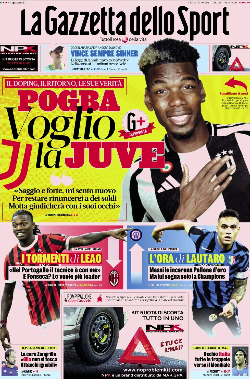 anteprima della prima pagina di la-gazzetta-dello-sport del 17/10/2024