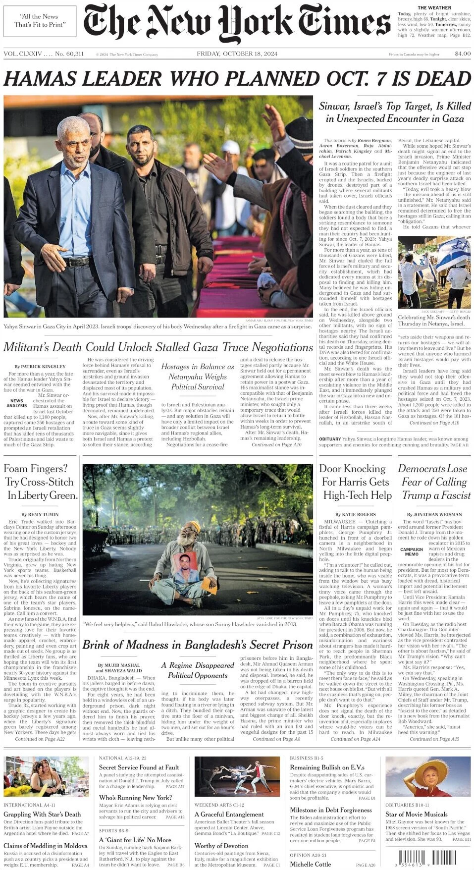 anteprima della prima pagina di the-new-york-times del 18/10/2024