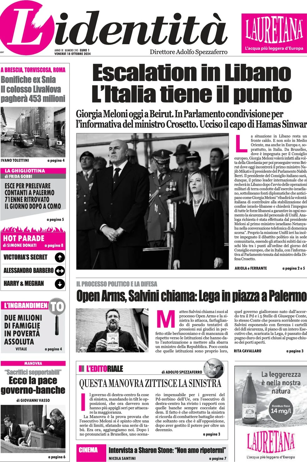 anteprima della prima pagina di lidentit del 18/10/2024