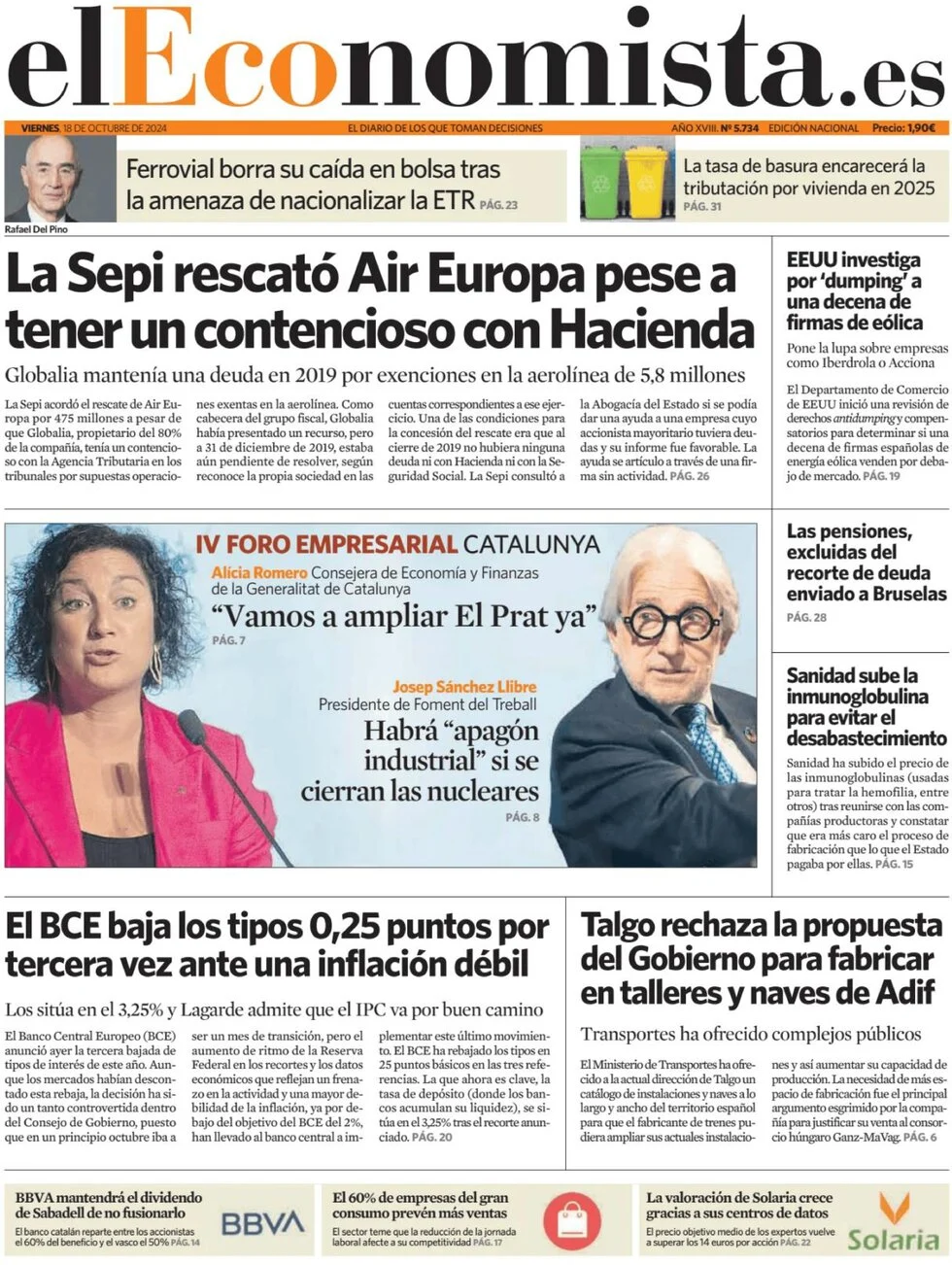 anteprima della prima pagina di el-economista del 18/10/2024