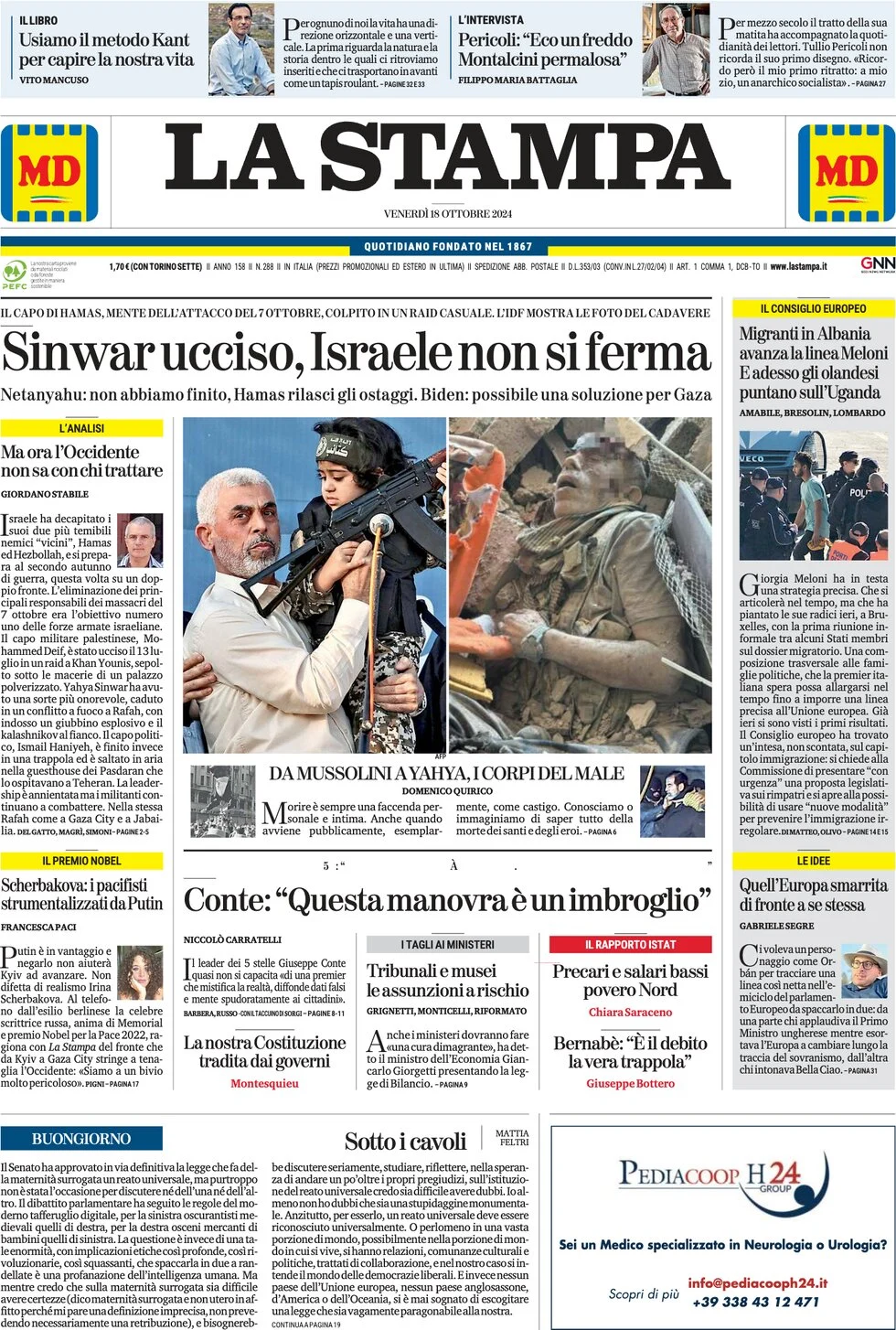 anteprima della prima pagina di la-stampa del 18/10/2024