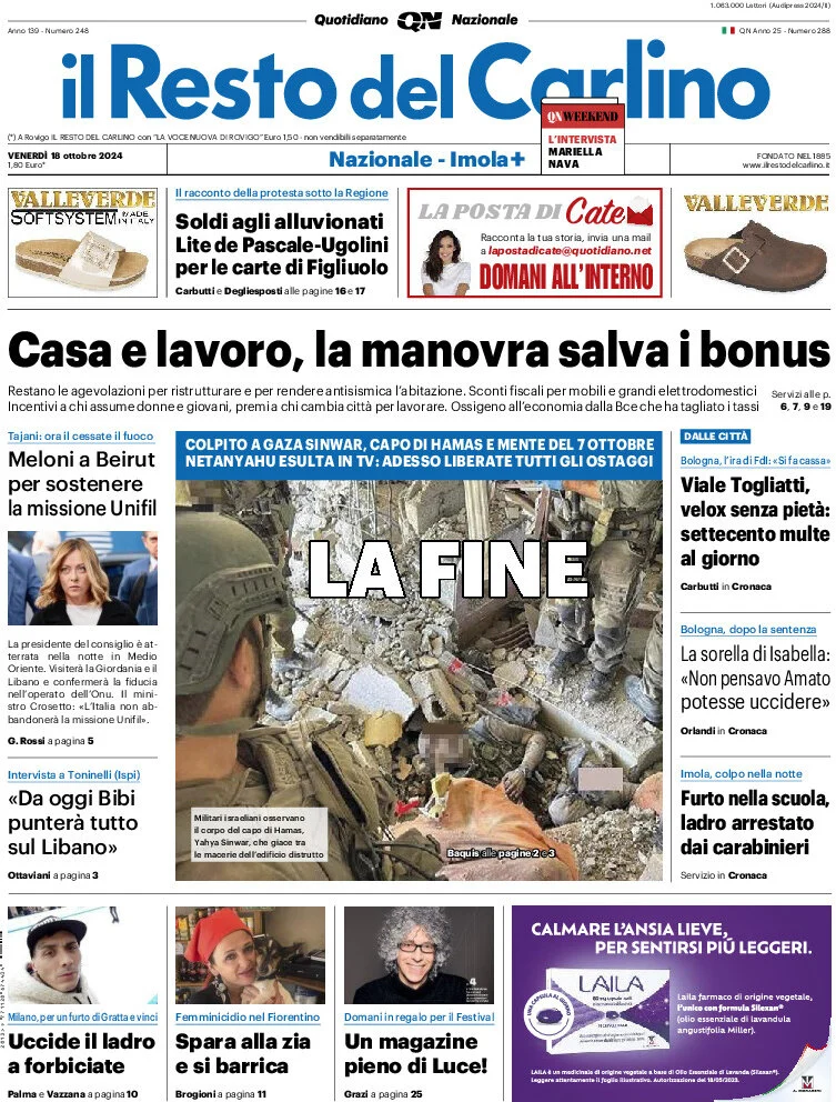 anteprima della prima pagina di il-resto-del-carlino del 18/10/2024