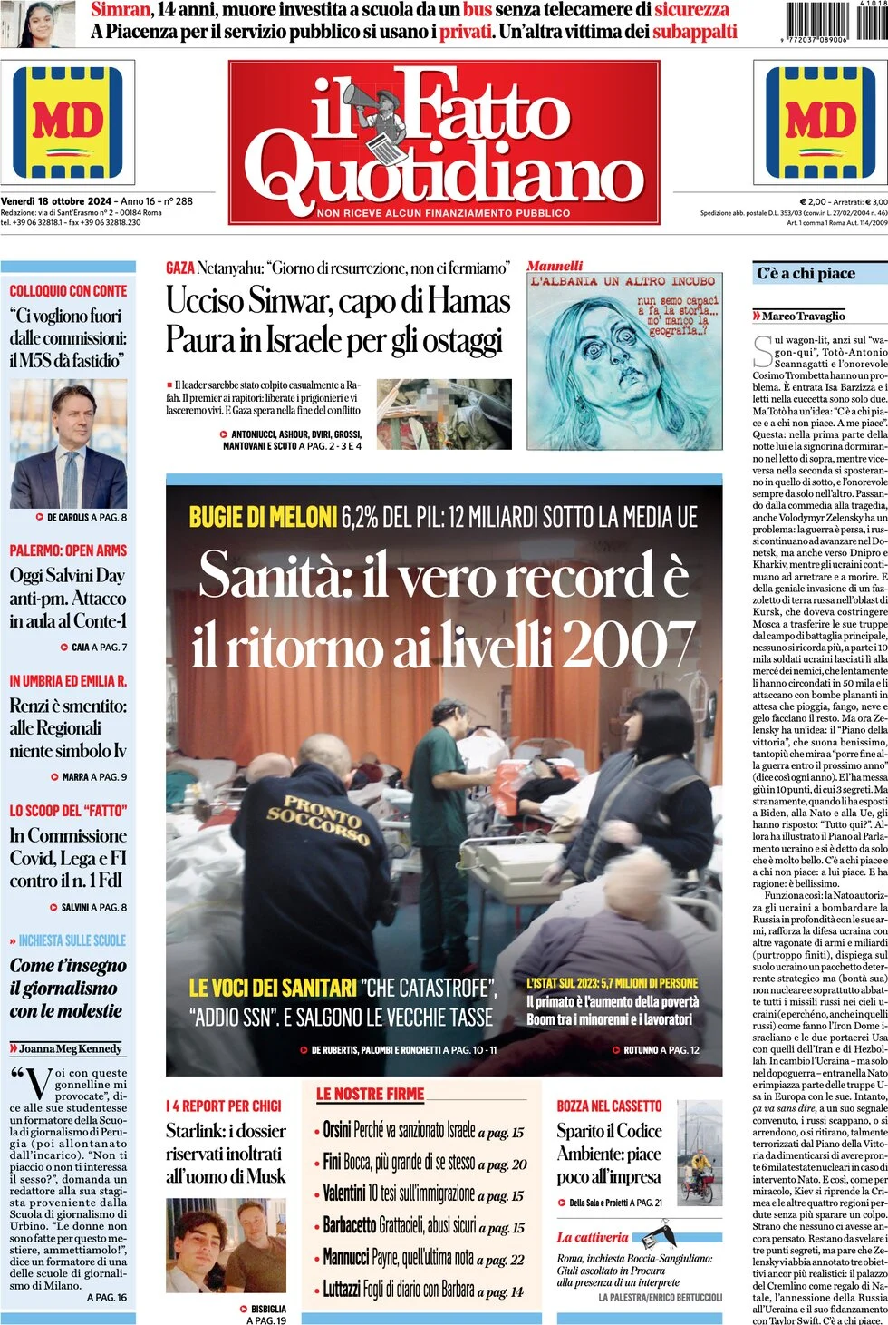 anteprima della prima pagina di il-fatto-quotidiano del 18/10/2024